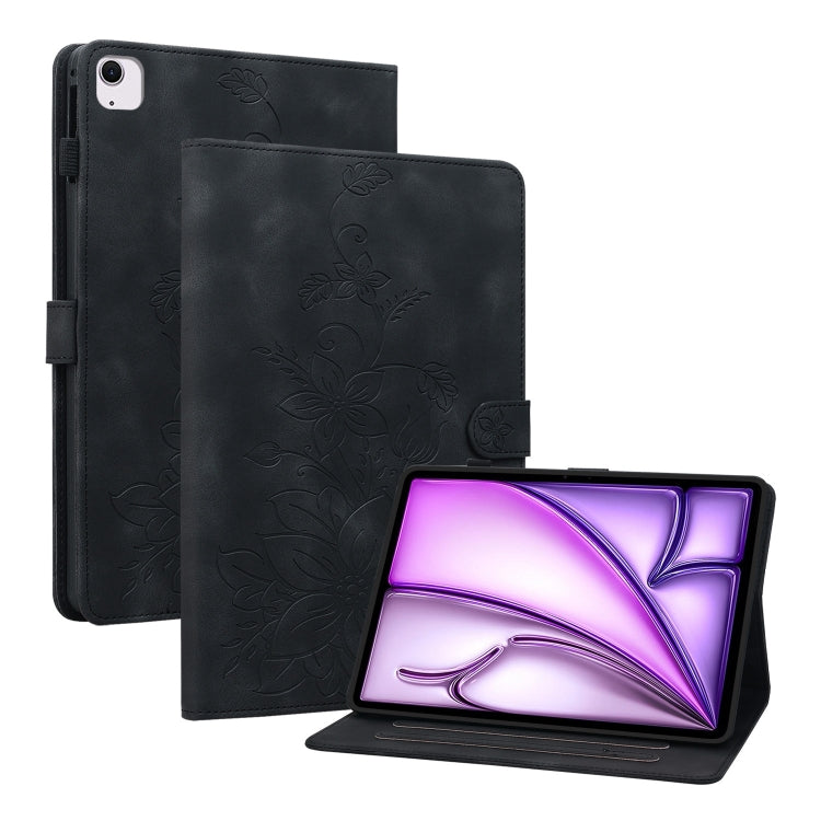 For iPad Air 13 2025 / 2024 Lily Embossed Leather Smart Tablet Case(Black) by bashfashion