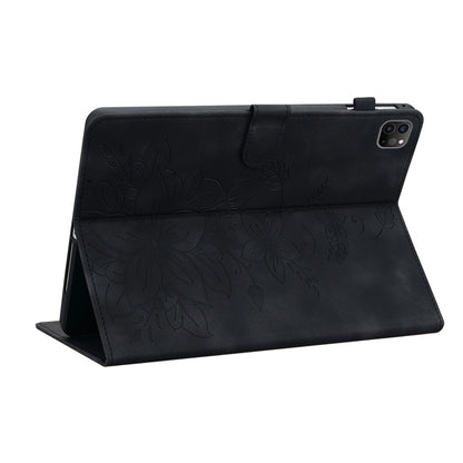 For iPad Pro 12.9 2022 / 2021 / 2020 Lily Embossed Leather Smart Tablet Case(Black) by bashfashion
