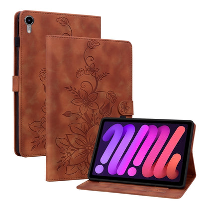 For iPad mini 6 / mini 2024 Lily Embossed Leather Smart Tablet Case(Brown) by bashfashion