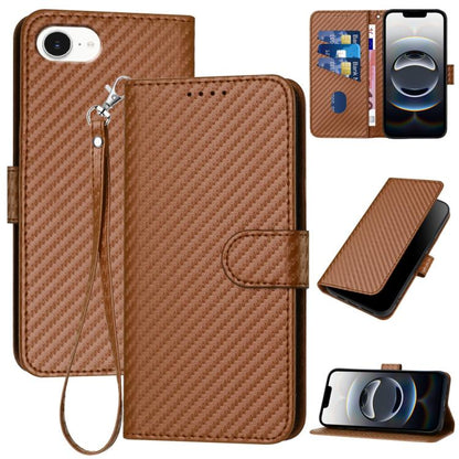 For iPhone 16e YX0070 Carbon Fiber Buckle Leather Phone Case with Lanyard(Coffee) by bashfashion