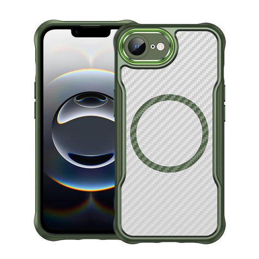 For iPhone 16e Carbon Fiber Texture MagSafe Translucent Phone Case(Green) by bashfashion