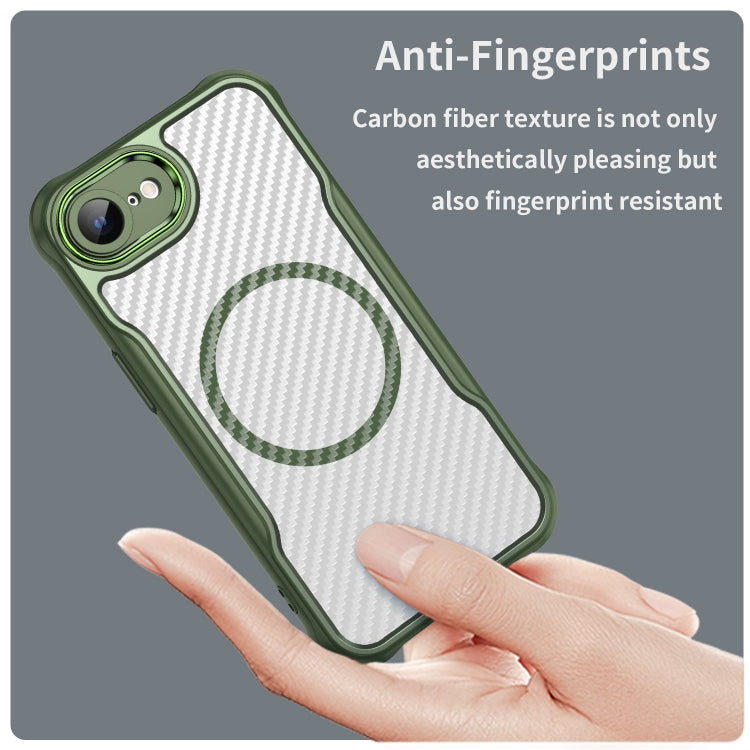 For iPhone 16e Carbon Fiber Texture MagSafe Translucent Phone Case(Green) by bashfashion