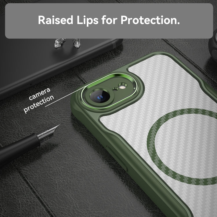 For iPhone 16e Carbon Fiber Texture MagSafe Translucent Phone Case(Green) by bashfashion