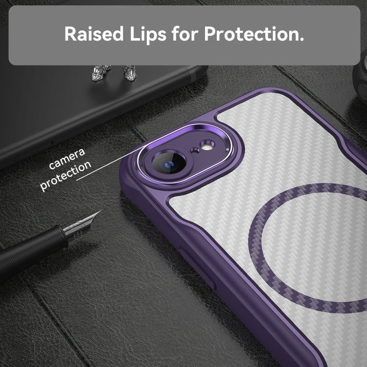 For iPhone 16e Carbon Fiber Texture MagSafe Translucent Phone Case(Purple) by bashfashion