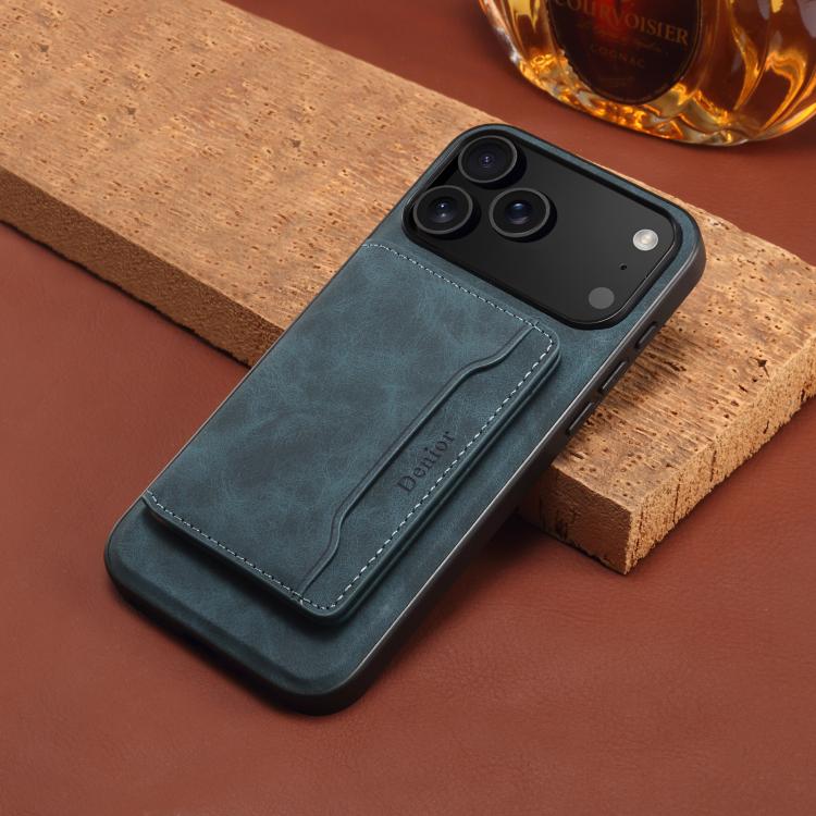 For iPhone 17 Pro Max Denior D13 Retro Texture Leather MagSafe Card Bag Phone Case(Blue) by Denior
