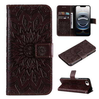 For iPhone 16e Embossed Sunflower Pattern Flip Leather Phone Case(Brown) by bashfashion