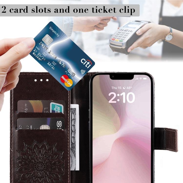 For iPhone 16e Embossed Sunflower Pattern Flip Leather Phone Case(Brown) by bashfashion