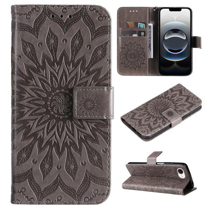 For iPhone 16e Embossed Sunflower Pattern Flip Leather Phone Case(Grey) by bashfashion