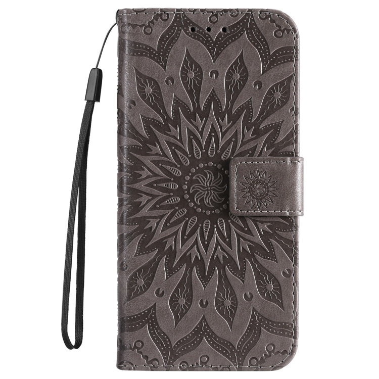 For iPhone 16e Embossed Sunflower Pattern Flip Leather Phone Case(Grey) by bashfashion