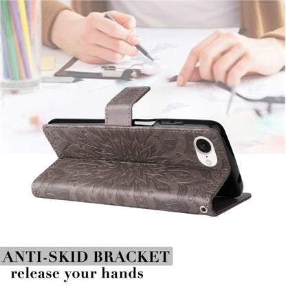 For iPhone 16e Embossed Sunflower Pattern Flip Leather Phone Case(Grey) by bashfashion