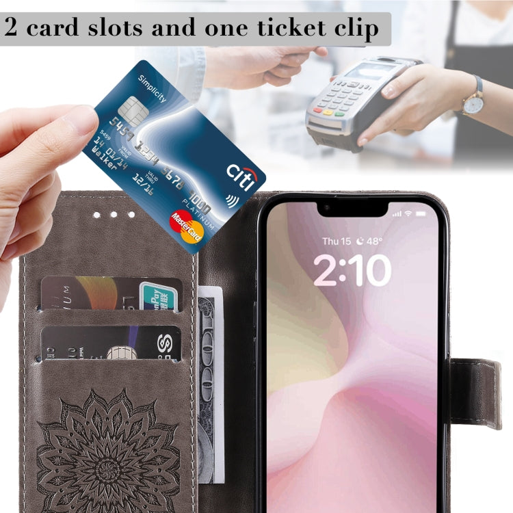 For iPhone 16e Embossed Sunflower Pattern Flip Leather Phone Case(Grey) by bashfashion