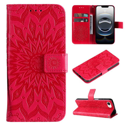 For iPhone 16e Embossed Sunflower Pattern Flip Leather Phone Case(Red) by bashfashion