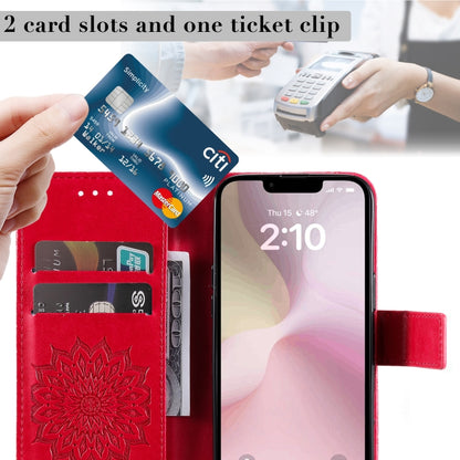 For iPhone 16e Embossed Sunflower Pattern Flip Leather Phone Case(Red) by bashfashion