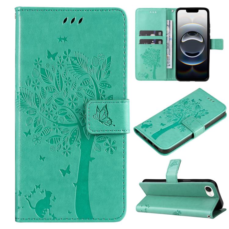 For iPhone 16e Tree & Cat Embossed Pattern Flip Leather Phone Case(Green) by bashfashion