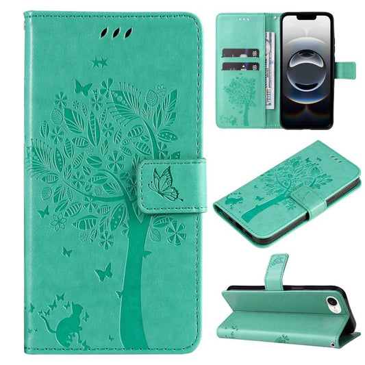 For iPhone 16e Tree & Cat Embossed Pattern Flip Leather Phone Case(Green) by bashfashion