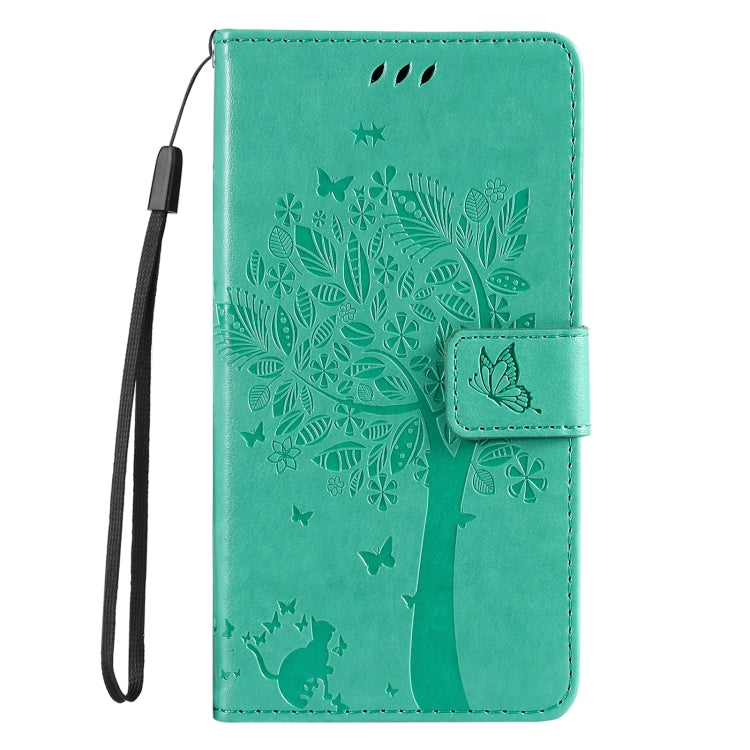 For iPhone 16e Tree & Cat Embossed Pattern Flip Leather Phone Case(Green) by bashfashion
