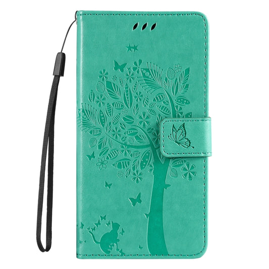 For iPhone 16e Tree & Cat Embossed Pattern Flip Leather Phone Case(Green) by bashfashion