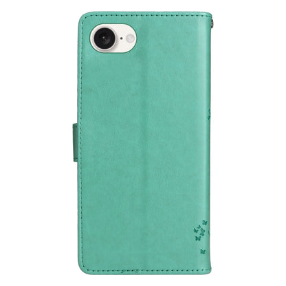 For iPhone 16e Tree & Cat Embossed Pattern Flip Leather Phone Case(Green) by bashfashion