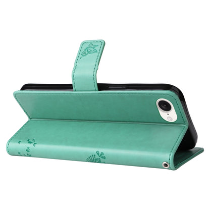 For iPhone 16e Tree & Cat Embossed Pattern Flip Leather Phone Case(Green) by bashfashion