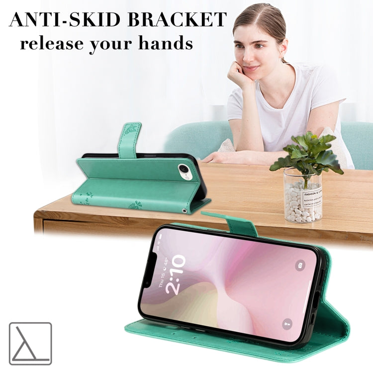 For iPhone 16e Tree & Cat Embossed Pattern Flip Leather Phone Case(Green) by bashfashion