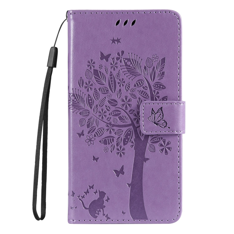 For iPhone 16e Tree & Cat Embossed Pattern Flip Leather Phone Case(Light Purple) by bashfashion
