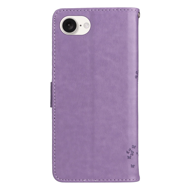 For iPhone 16e Tree & Cat Embossed Pattern Flip Leather Phone Case(Light Purple) by bashfashion