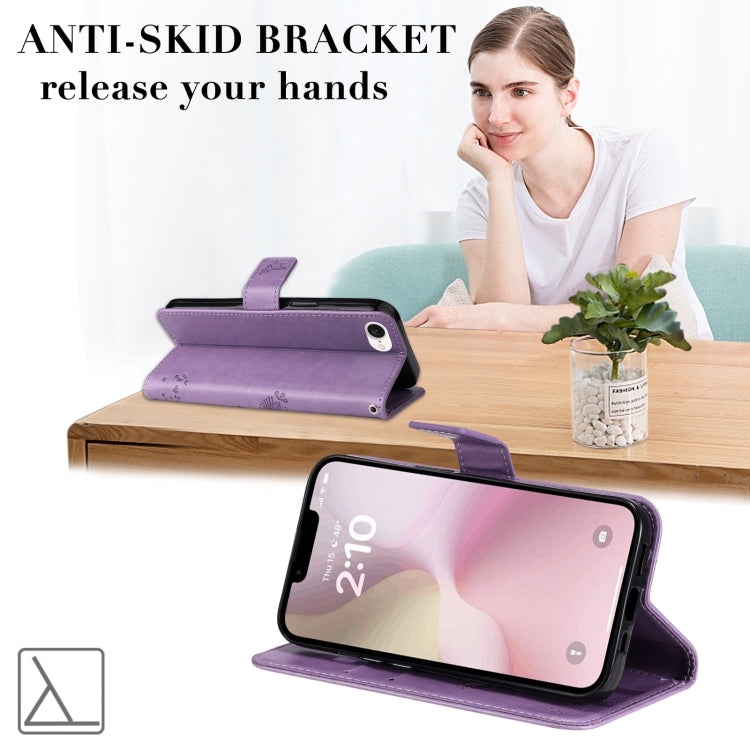 For iPhone 16e Tree & Cat Embossed Pattern Flip Leather Phone Case(Light Purple) by bashfashion