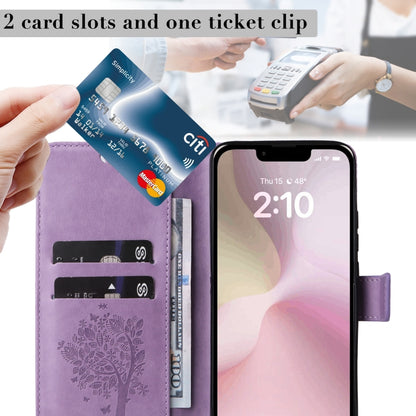 For iPhone 16e Tree & Cat Embossed Pattern Flip Leather Phone Case(Light Purple) by bashfashion