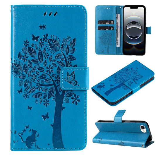 For iPhone 16e Tree & Cat Embossed Pattern Flip Leather Phone Case(Blue) by bashfashion