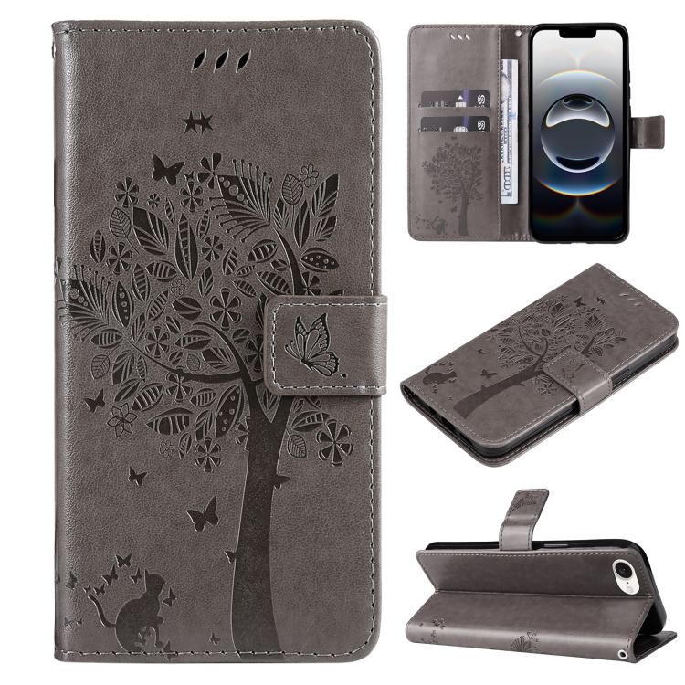 For iPhone 16e Tree & Cat Embossed Pattern Flip Leather Phone Case(Grey) by bashfashion