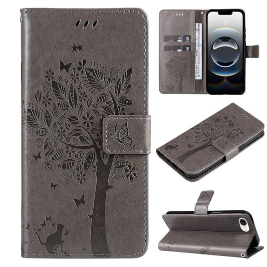 For iPhone 16e Tree & Cat Embossed Pattern Flip Leather Phone Case(Grey) by bashfashion