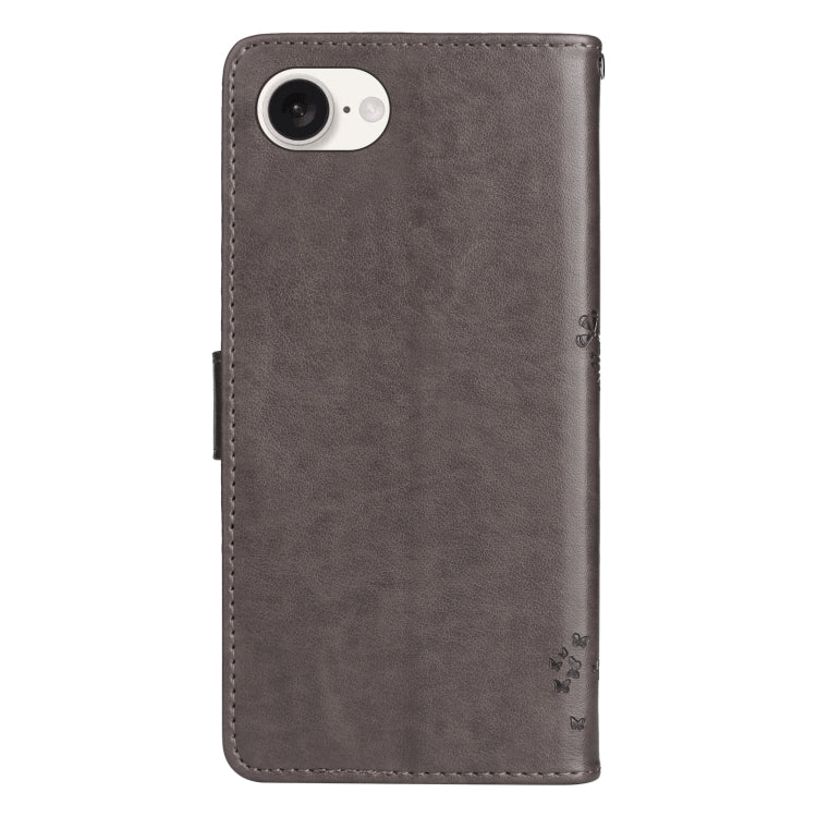 For iPhone 16e Tree & Cat Embossed Pattern Flip Leather Phone Case(Grey) by bashfashion