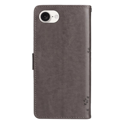 For iPhone 16e Tree & Cat Embossed Pattern Flip Leather Phone Case(Grey) by bashfashion