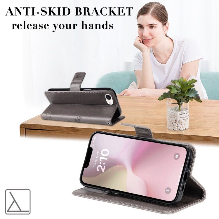 For iPhone 16e Tree & Cat Embossed Pattern Flip Leather Phone Case(Grey) by bashfashion