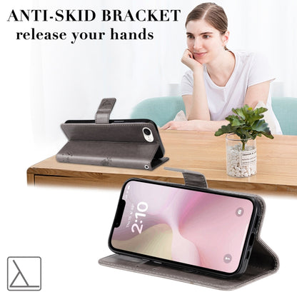 For iPhone 16e Tree & Cat Embossed Pattern Flip Leather Phone Case(Grey) by bashfashion