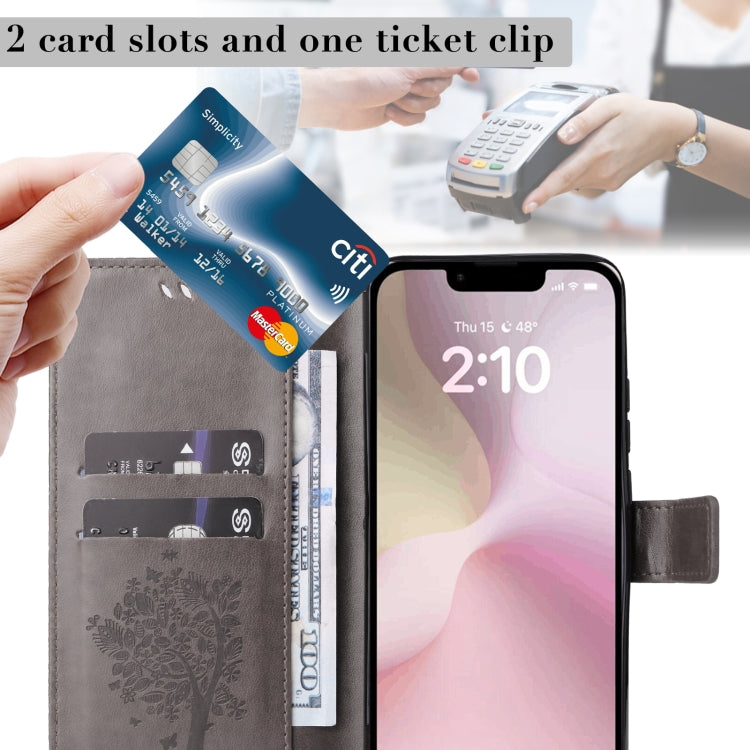 For iPhone 16e Tree & Cat Embossed Pattern Flip Leather Phone Case(Grey) by bashfashion