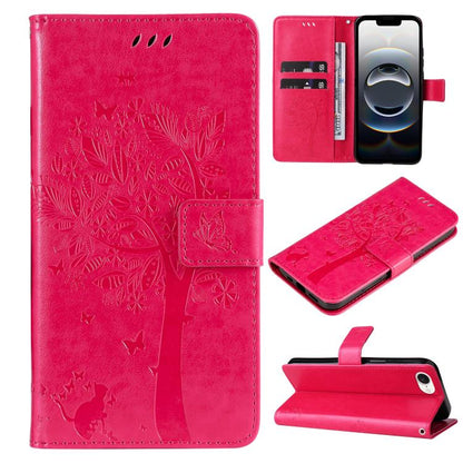 For iPhone 16e Tree & Cat Embossed Pattern Flip Leather Phone Case(Rose Red) by bashfashion