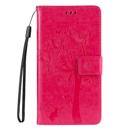 For iPhone 16e Tree & Cat Embossed Pattern Flip Leather Phone Case(Rose Red) by bashfashion