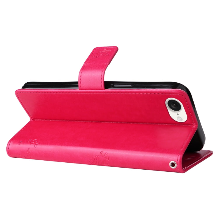 For iPhone 16e Tree & Cat Embossed Pattern Flip Leather Phone Case(Rose Red) by bashfashion