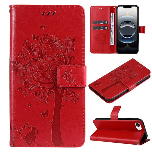For iPhone 16e Tree & Cat Embossed Pattern Flip Leather Phone Case(Red) by bashfashion