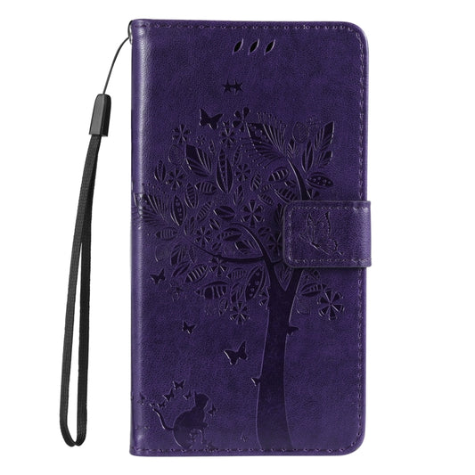 For iPhone 16e Tree & Cat Embossed Pattern Flip Leather Phone Case(Purple) by bashfashion