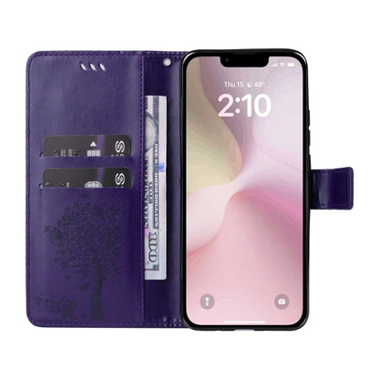 For iPhone 16e Tree & Cat Embossed Pattern Flip Leather Phone Case(Purple) by bashfashion