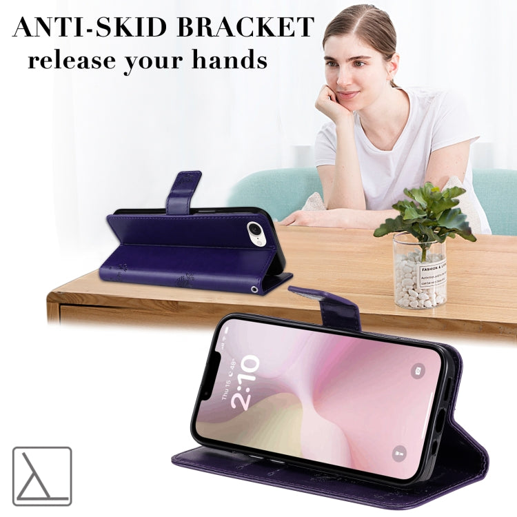 For iPhone 16e Tree & Cat Embossed Pattern Flip Leather Phone Case(Purple) by bashfashion