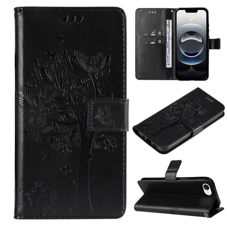 For iPhone 16e Tree & Cat Embossed Pattern Flip Leather Phone Case(Black) by bashfashion