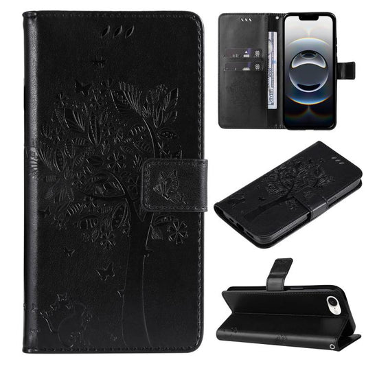 For iPhone 16e Tree & Cat Embossed Pattern Flip Leather Phone Case(Black) by bashfashion