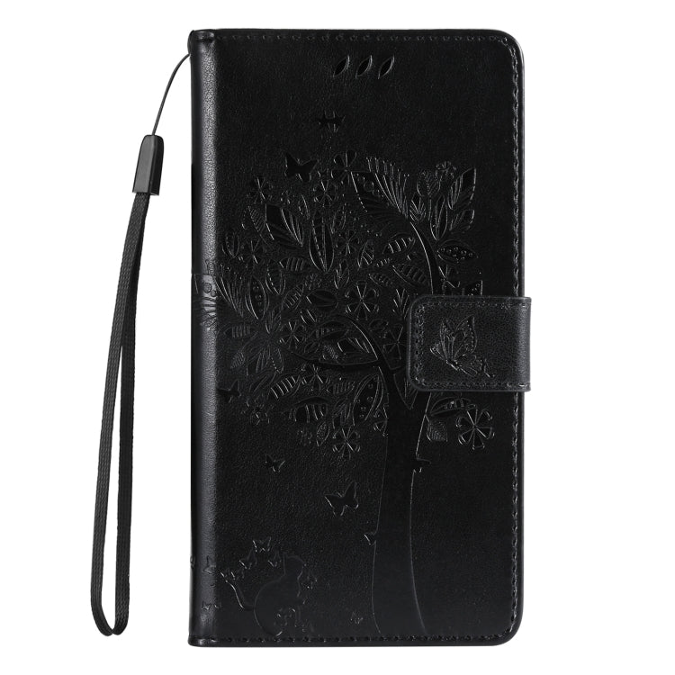 For iPhone 16e Tree & Cat Embossed Pattern Flip Leather Phone Case(Black) by bashfashion