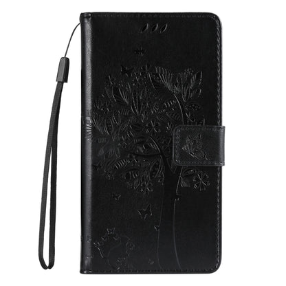 For iPhone 16e Tree & Cat Embossed Pattern Flip Leather Phone Case(Black) by bashfashion