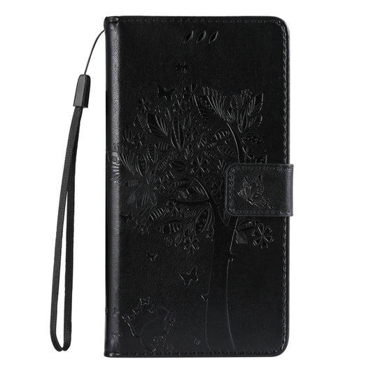 For iPhone 16e Tree & Cat Embossed Pattern Flip Leather Phone Case(Black) by bashfashion