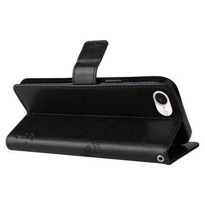 For iPhone 16e Tree & Cat Embossed Pattern Flip Leather Phone Case(Black) by bashfashion