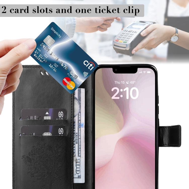 For iPhone 16e Tree & Cat Embossed Pattern Flip Leather Phone Case(Black) by bashfashion